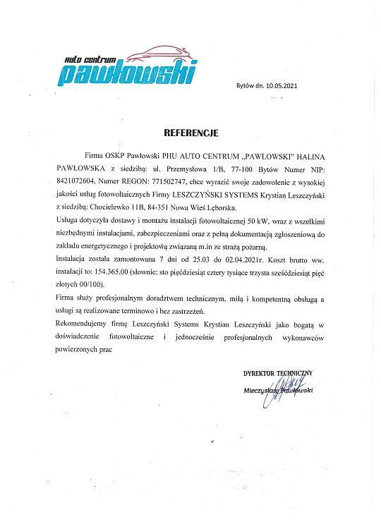 Referencje PHU AUTO CENTRUM „PAWŁOWSKI” - Leszczyński Systems