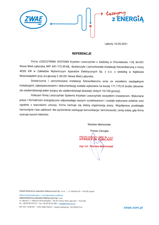 Referencje ZWAE sp.zo.o. dla Leszczyński Systems