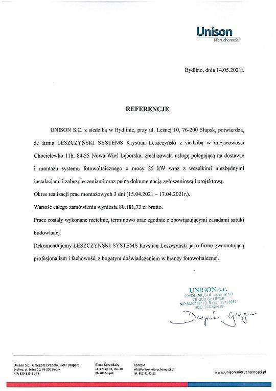 Rekomendacja Unison S.C Grzegorz Drapała - Leszczyński Systems