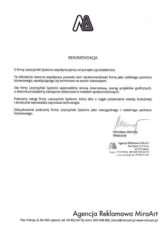 Rekomendacja MiroArt Mirosław Marmaj - Leszczyński Systems